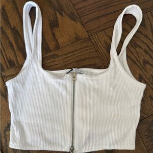 Zara White Ribbed Crop Top with Zip